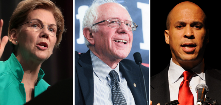 From left: Democratic presidential candidates Elizabeth Warren, Bernie Sanders and Cory Booker