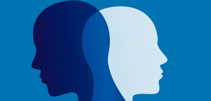 Two faces silhouette in profile that intersect. Double personality concept. Metaphor bipolar mental disorder