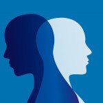 Two faces silhouette in profile that intersect. Double personality concept. Metaphor bipolar mental disorder