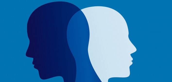 Two faces silhouette in profile that intersect. Double personality concept. Metaphor bipolar mental disorder