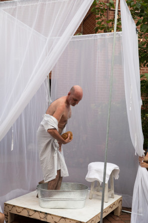 A scene from Novenas for A Lost Hospital  takes place in the West Village church courtyard