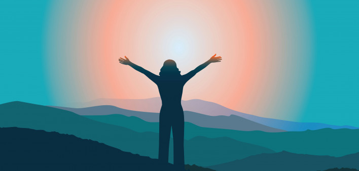 woman sunrise mountains illustration