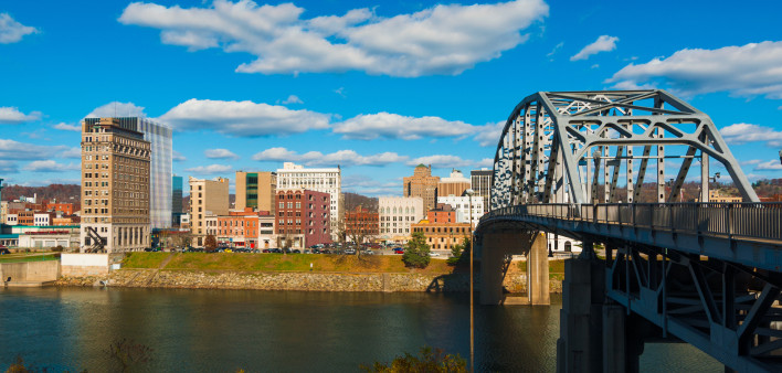 Charleston, WV skyline, river, and bridge stock