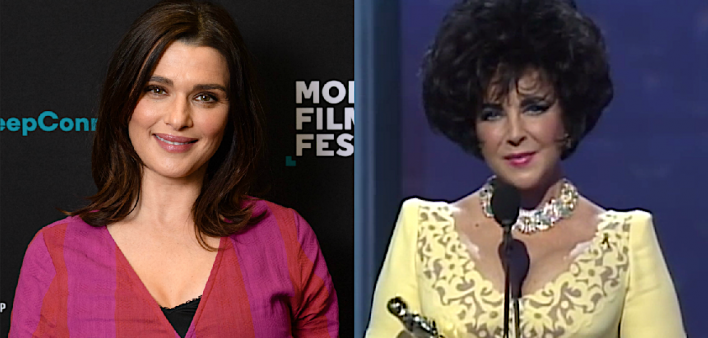 Rachel Weisz in 2018 and Elizabeth Taylor receiving the Jean Hersholt Humanitarian Award at the 1993 Oscars