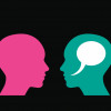 illustration of talking heads one with thought bubble