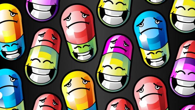 illustration of colorful pills with smile and frown faces