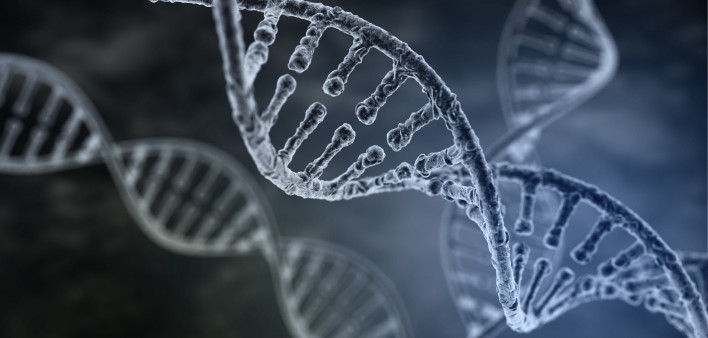  Spiral strand of DNA on a dark background