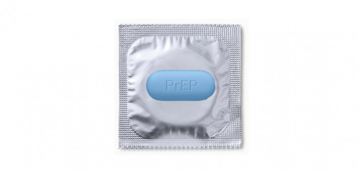 PrEP Pill and condom in silver wrapper