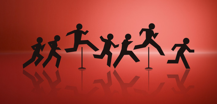 an illustration of cut out figures jumping over hurdles