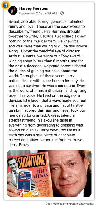 Harvey Fiersein Jerry Herman facebook post