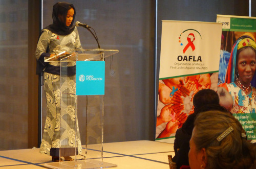 Hinda Deby, the first lady of the Republic of Chad and president of OAFLA, takes the podium to discuss the organization’s plan to end mother-to-child transmission of both HIV and syphilis.