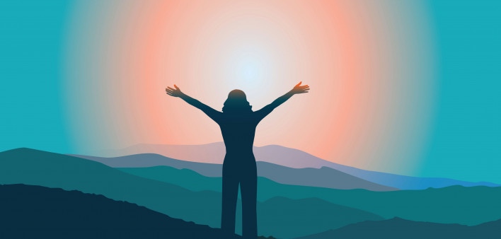 woman sunrise mountains illustration