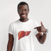 young black man wearing and pointing at t shirt with picture of liver