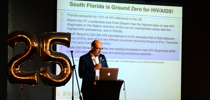 Mario Stevenson, PhD, gives an overview of HIV/AIDS in South Florida at the Campbell Foundation’s 25th anniversary celebration.