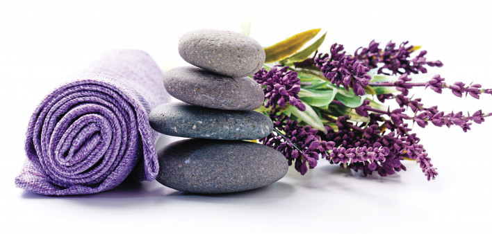 stones flowers purple towel