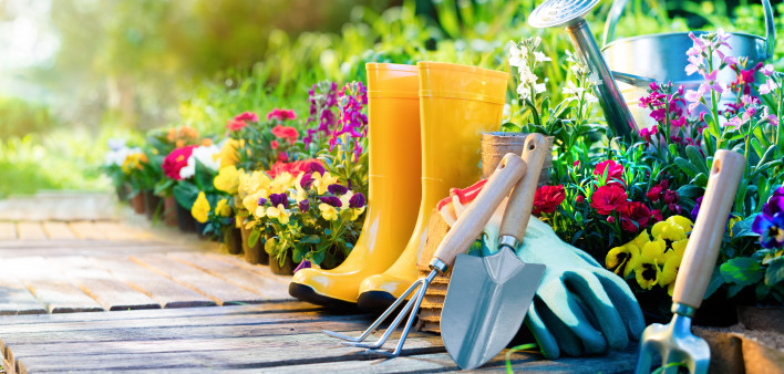 Set Of Tools For Gardener And Flowerpots In Garden