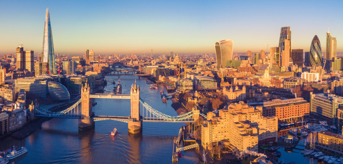 Aerial panoramic cityscape view of London and the River Thames, England, United Kingdom