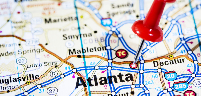 Atlanta on Georgia road map red push pin