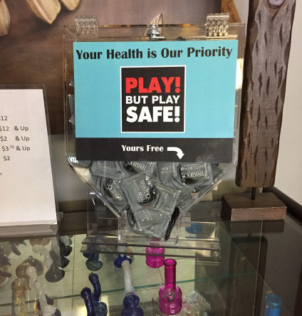 A CCAF condom dipenser at Abatin Wellness Center in Sacramento, California