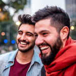 three friends young men laughing fun