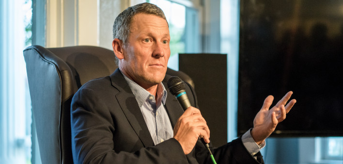 Former cyclist Lance Armstrong speaks at an event at the University of Texas in Austin, Texas.