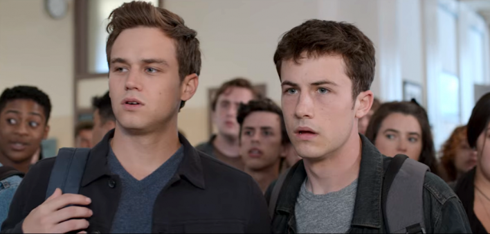 Brandon Flynn as Justin Foley and Dylan Minnette as Clay Jensen in 13 Reasons Why