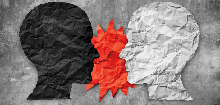 illustration two heads silhoutte black and white red between