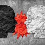 illustration two heads silhoutte black and white red between