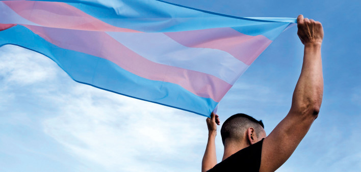 tansgender flag over head