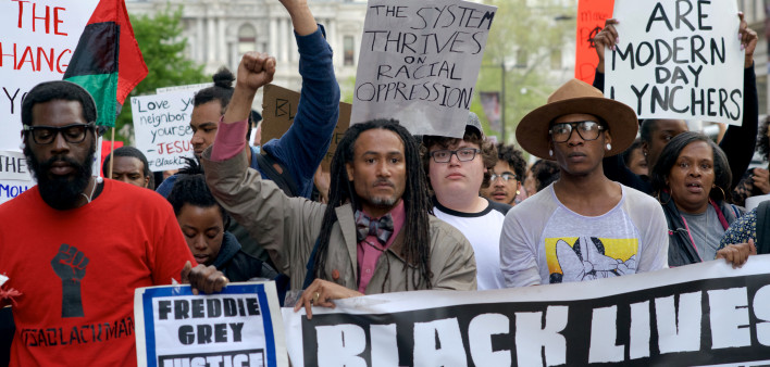 Protestors in support of the national Black Lives Matter movement gathered at Dillworth Plaza in Philadelphia on April 30 are here seen leaving the Center City square as they march North on Broad Street.