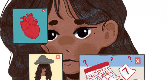 illustration of girl with pills, heart, x-ray, sadness, dates