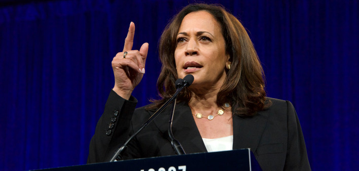 Presidential candidate Kamala Harris speaking at the Democratic National Convention summer session in San Francisco, California.