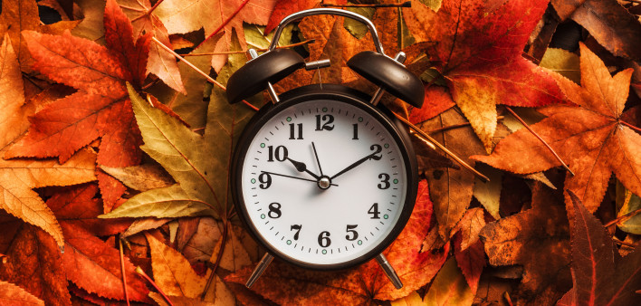 Autumn season time, retro vintage alarm clock