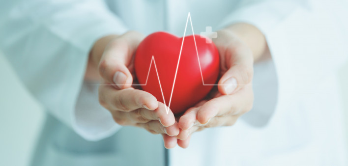 Female medical doctor holding red heart shape in hand with graphic of heart beat, cardiology and insurance concept