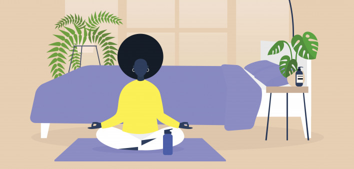 graphic illustration woman meditating on yoga mat
