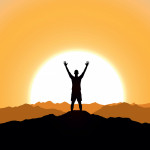 illustration man holding up arms at sunrise