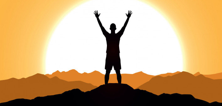 illustration man holding up arms at sunrise